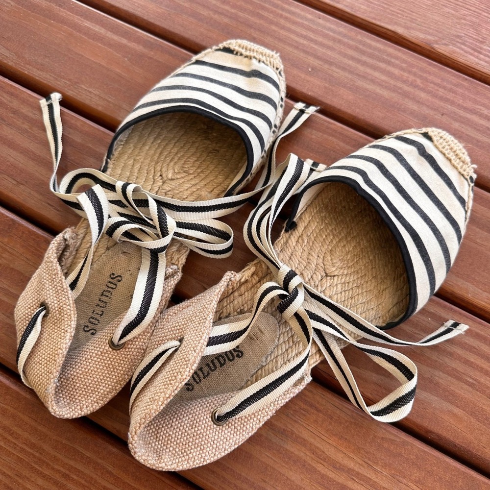 Soludos Espadrille Flats US 8‎ Striped Tie Up Ankle Shoes Summer Cream Beach